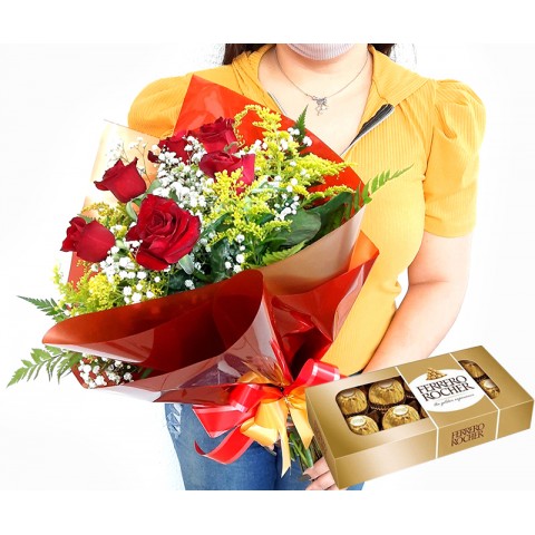 Buquê Tradicional com 6 Rosas Vermelhas + Chocolate