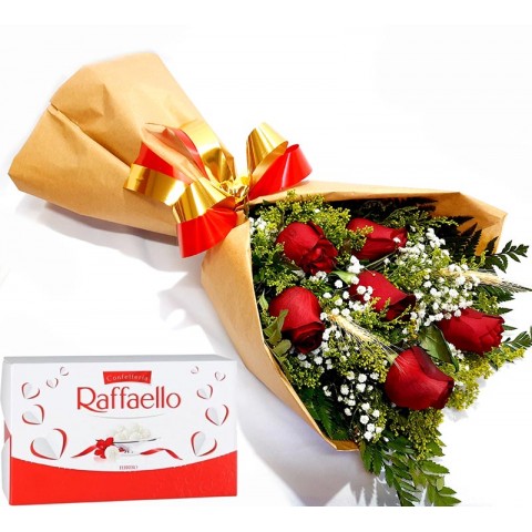 Buquê Deitado com 6 Rosas no Papel Craft + Chocolate