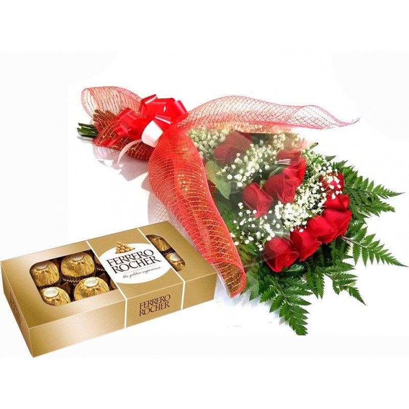 Buquê Deitado "Eu Te Amo" com 12 Rosas + Ferrero Rocher
