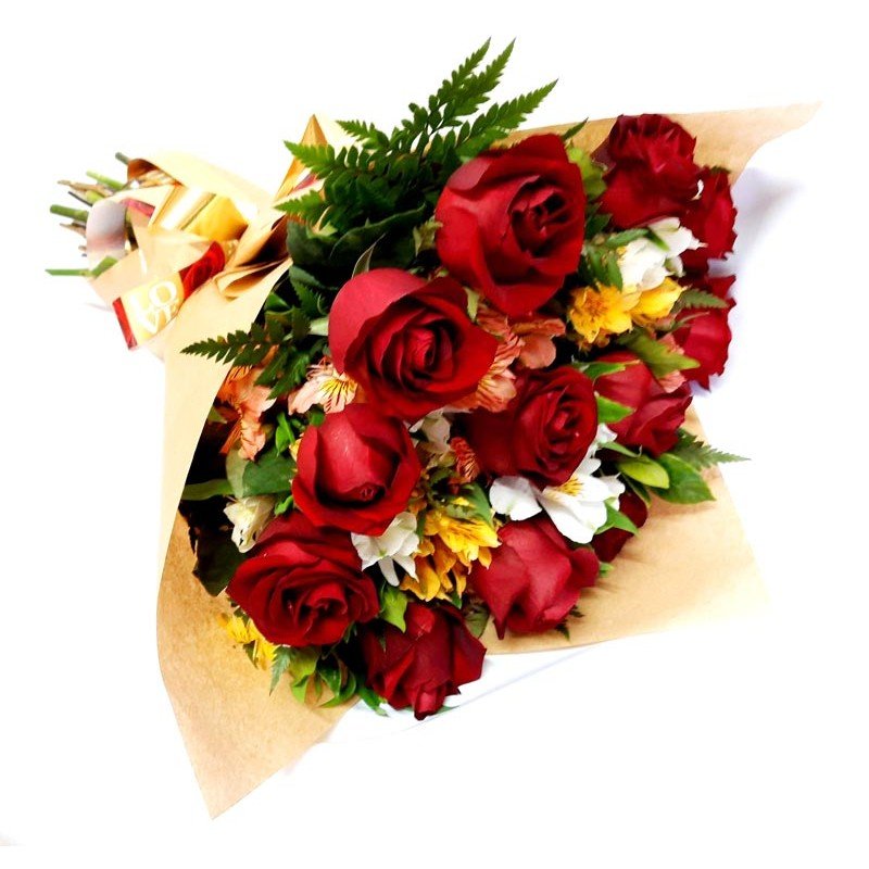 Buquê com Rosas Vermelhas + Astromélias no Papel Craft Buquê com Rosas Vermelhas + Astromélias no Papel Craft