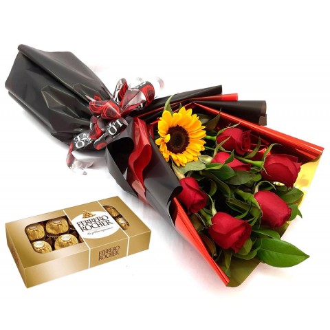 Buquê Love 6 Rosas + Chocolate