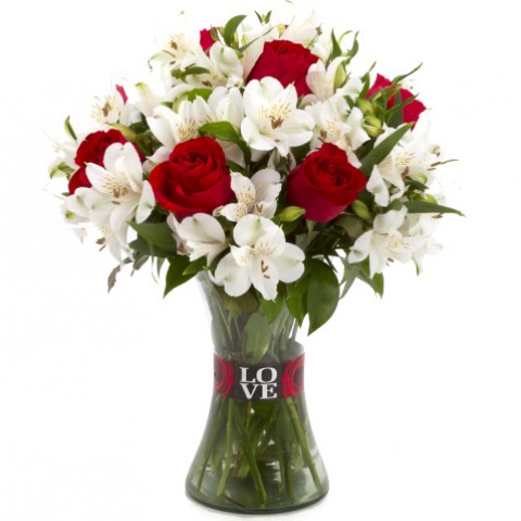 Arranjo de Rosas com Astromélias no Vaso de Vidro