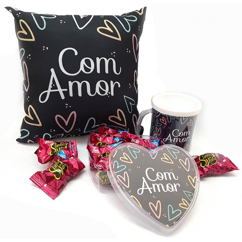 Kit Com Amor "Almofada + Caneca + Coração com Bombom"