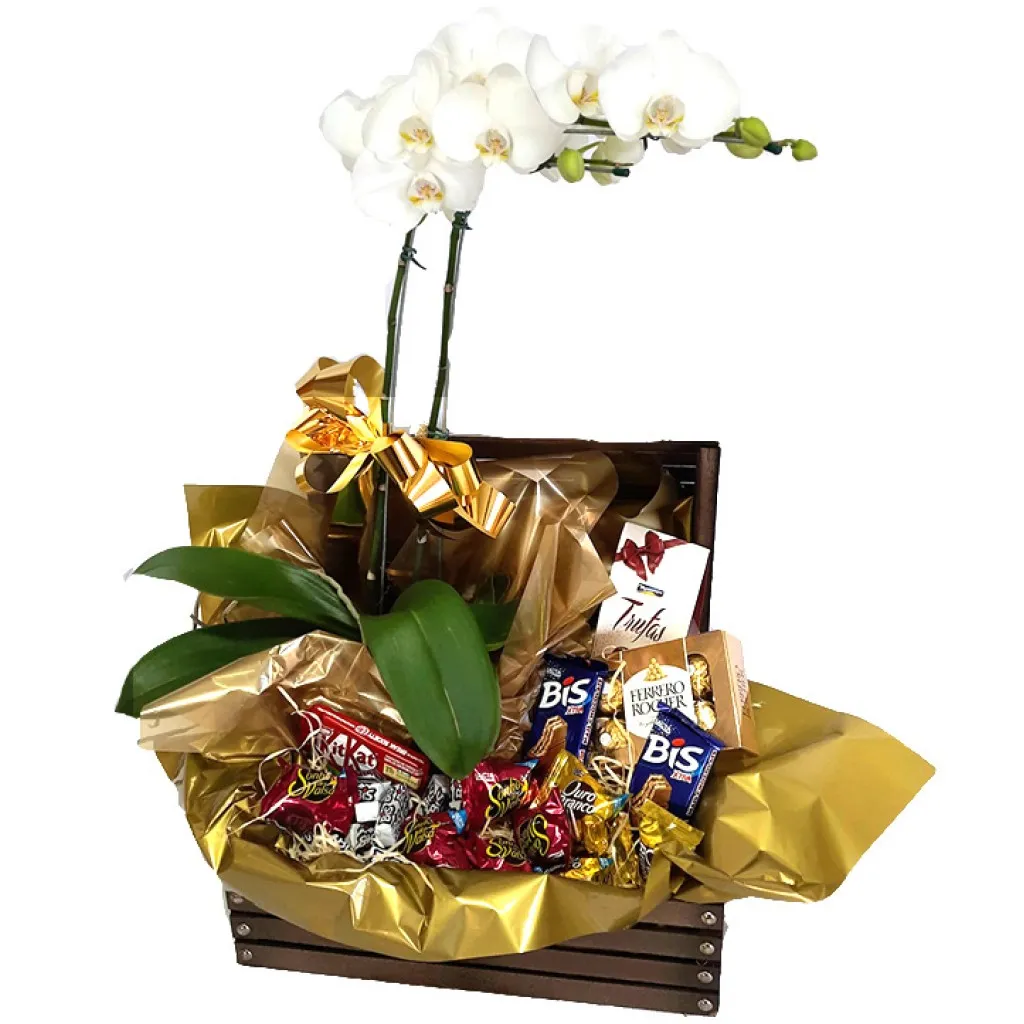 Arranjo de Orquídea com Chocolates no Baú de Madeira