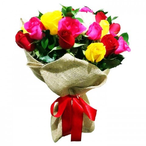 Buquê na Juta com 20 Rosas Coloridas