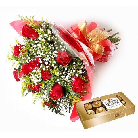 Buquê Tradicional com 12 Rosas + Ferrero Rocher