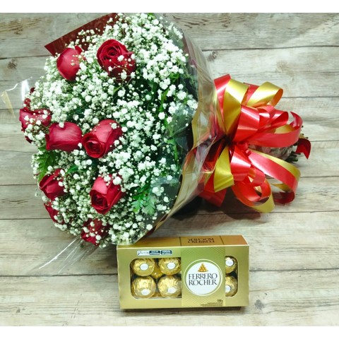 Buquê Tradicional com 12 Rosas + Chocolate